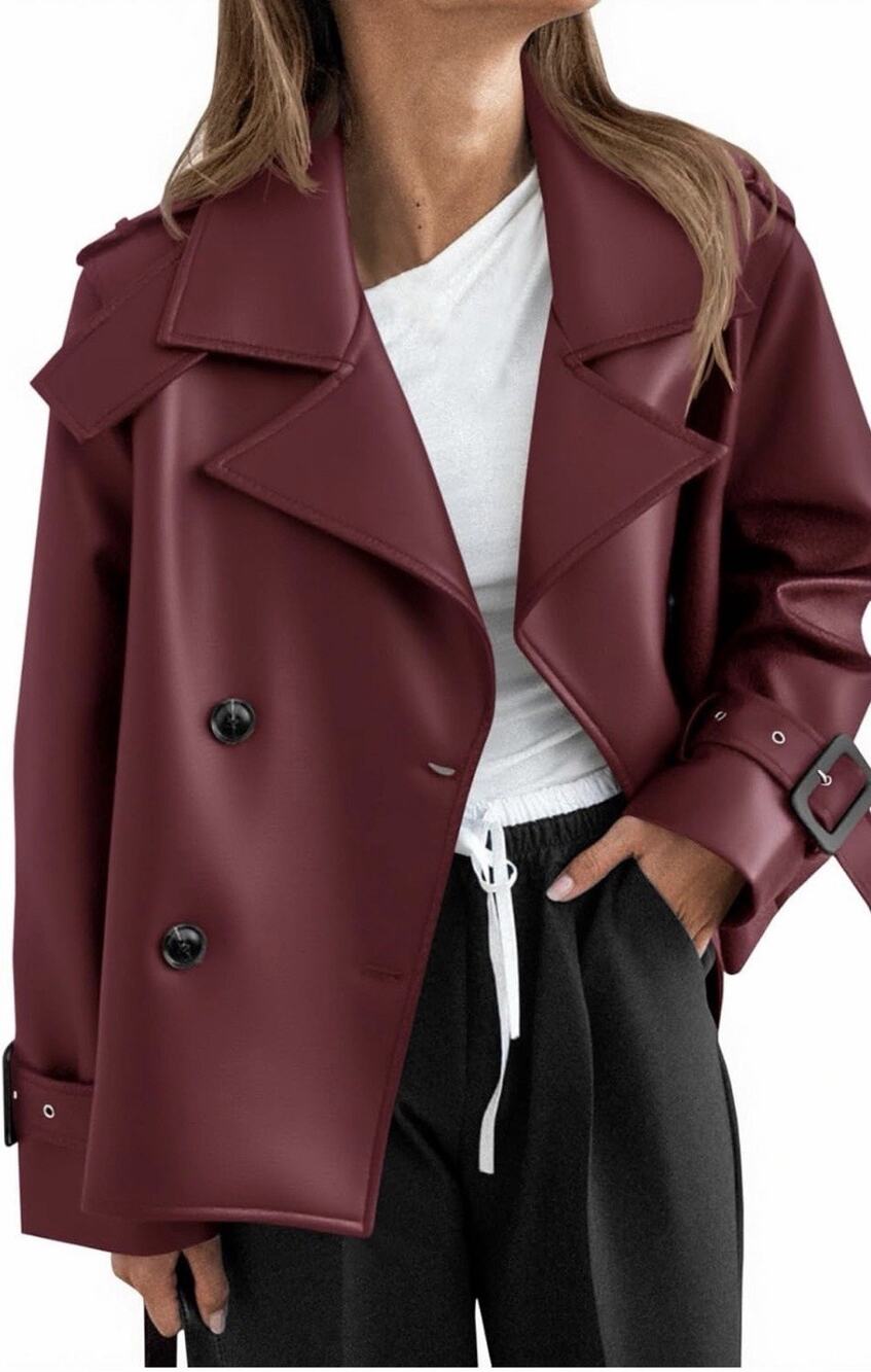 Womens Faux Leather Motorcycle Jacket Textured Oversized Moto Dark Red L